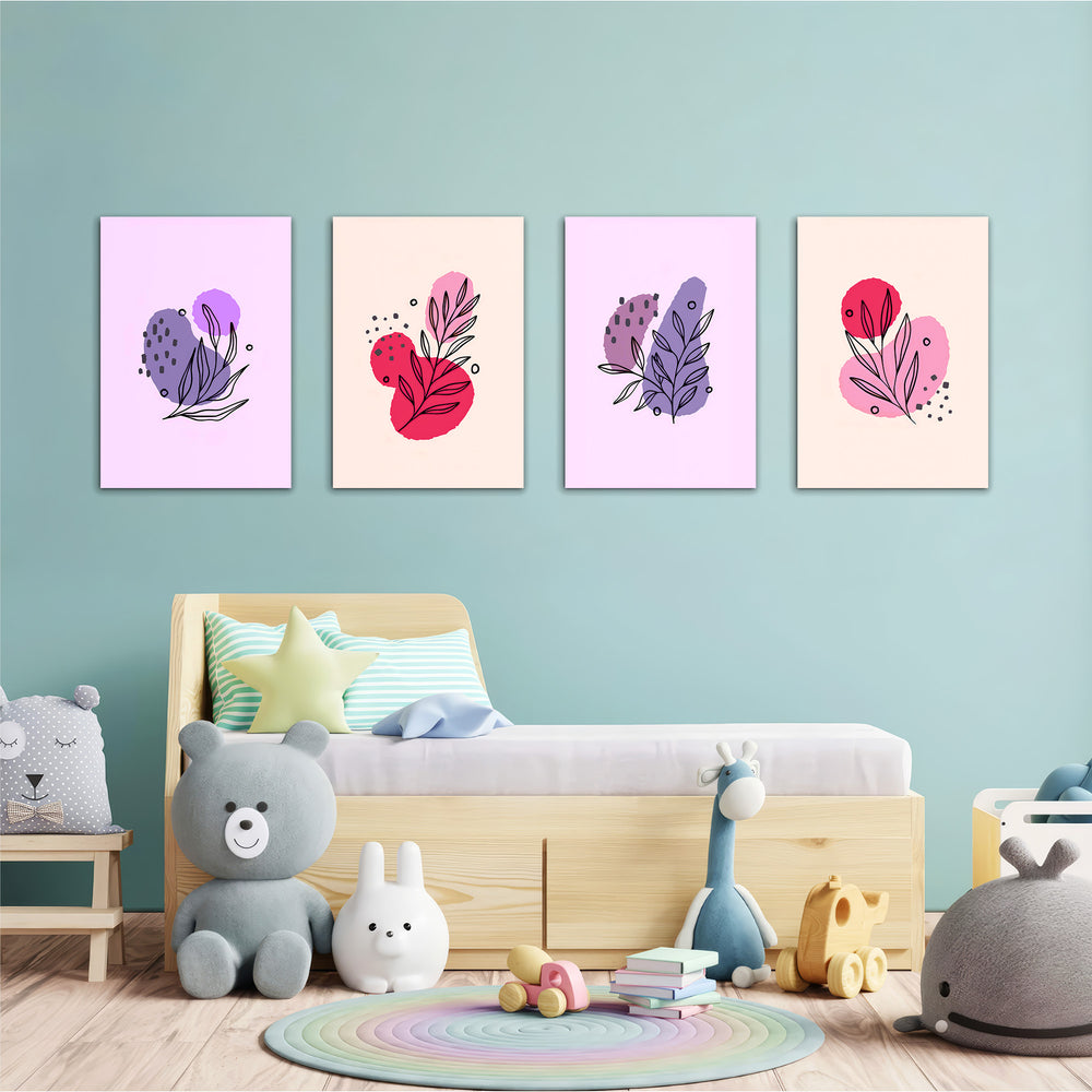 Pink Purple Botanical Line Art 4 Pieces Kids Metal Wall Art.