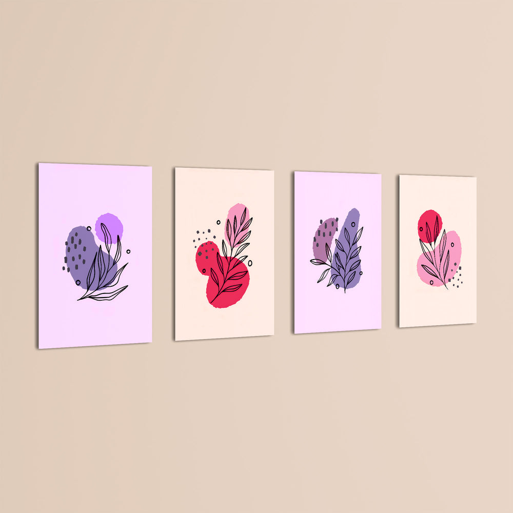 Pink Purple Botanical Line Art 4 Pieces Kids Metal Wall Art.