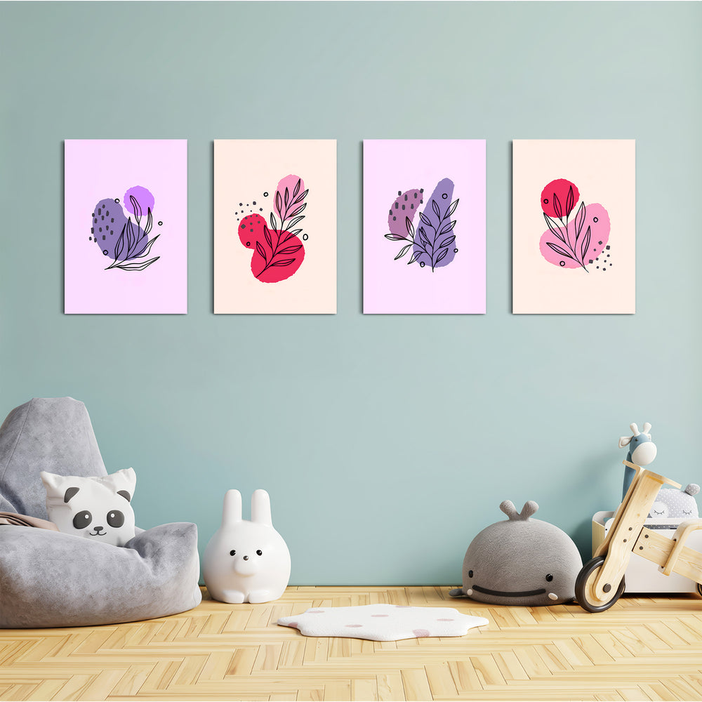 Pink Purple Botanical Line Art 4 Pieces Kids Metal Wall Art.