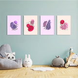 Pink Purple Botanical Line Art 4 Pieces Kids Metal Wall Art.