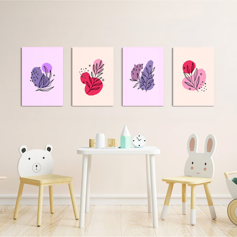 Pink Purple Botanical Line Art 4 Pieces Kids Metal Wall Art.
