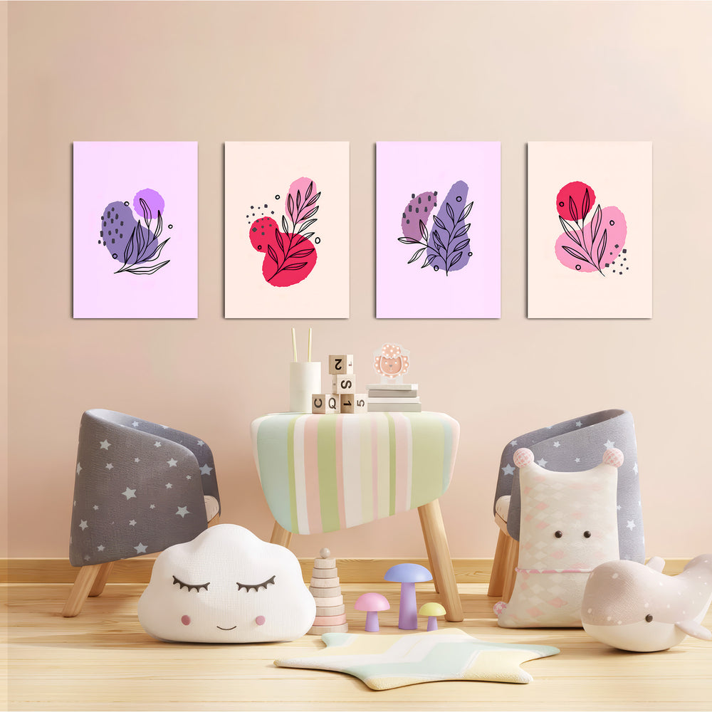 Pink Purple Botanical Line Art 4 Pieces Kids Metal Wall Art.