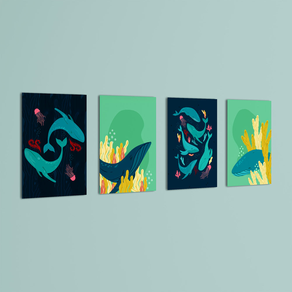 Whales & Coral Reef 4 Pieces Kids Metal Wall Art.