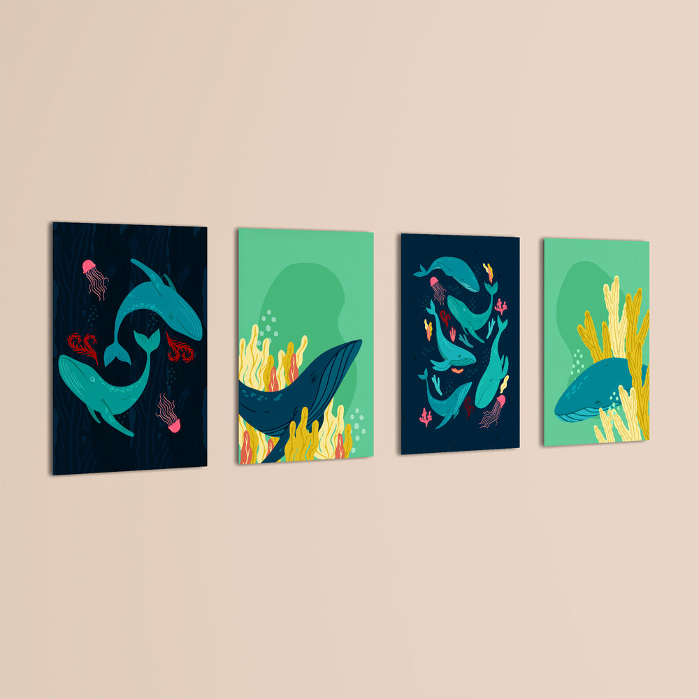 Whales & Coral Reef 4 Pieces Kids Metal Wall Art.