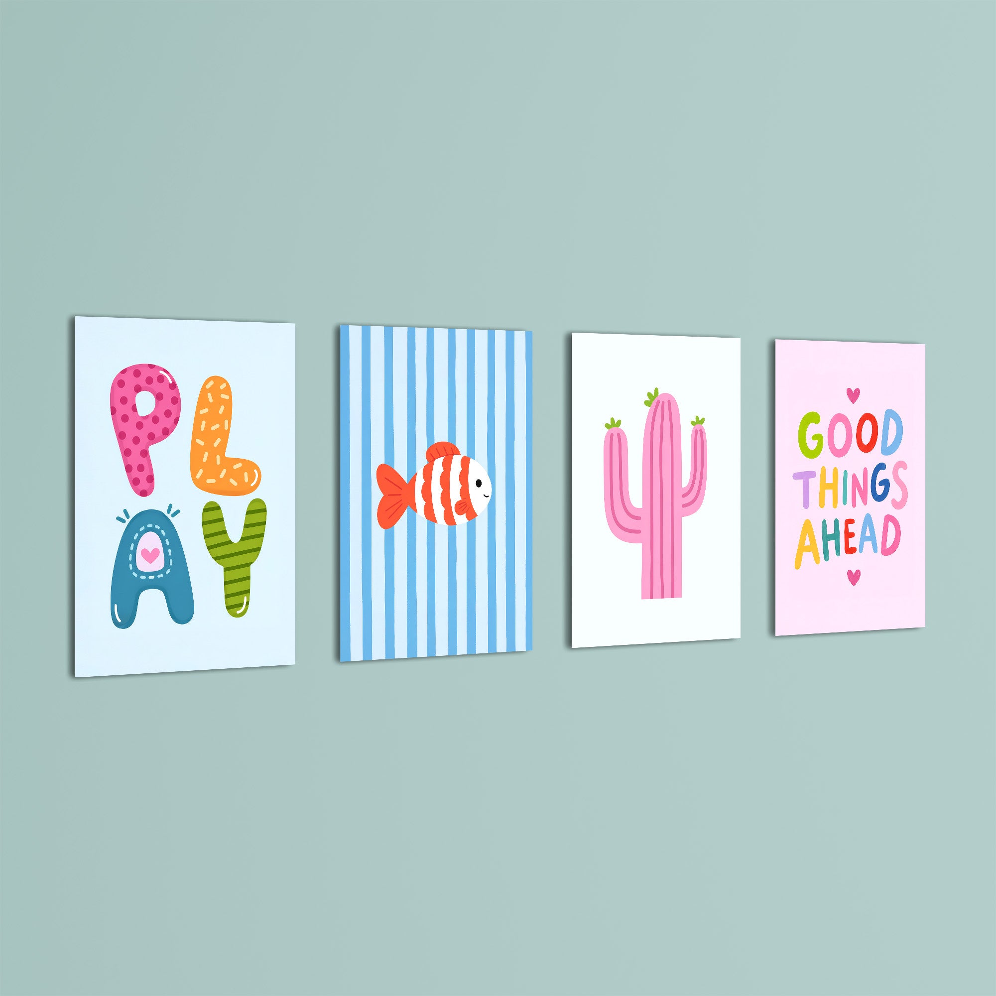 Play Day Cactus & Fish 4 Pieces Kids Metal Wall Art.