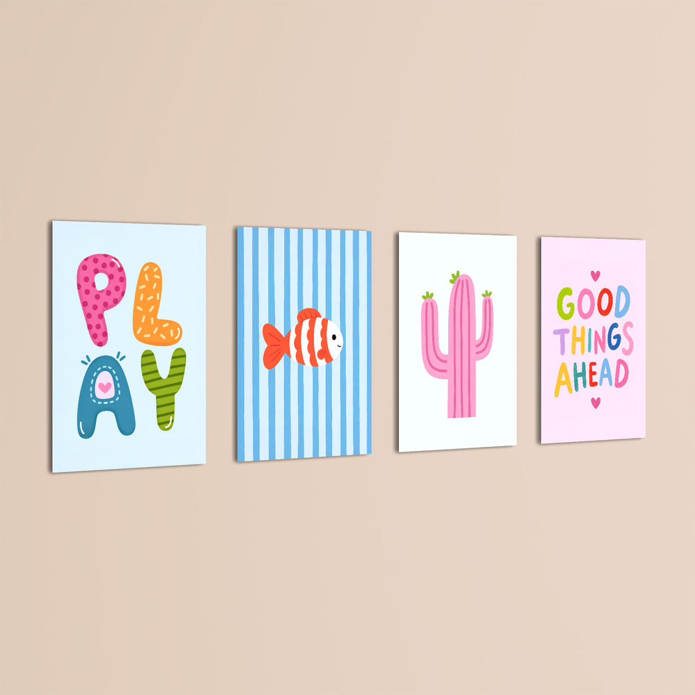 Play Day Cactus & Fish 4 Pieces Kids Metal Wall Art.