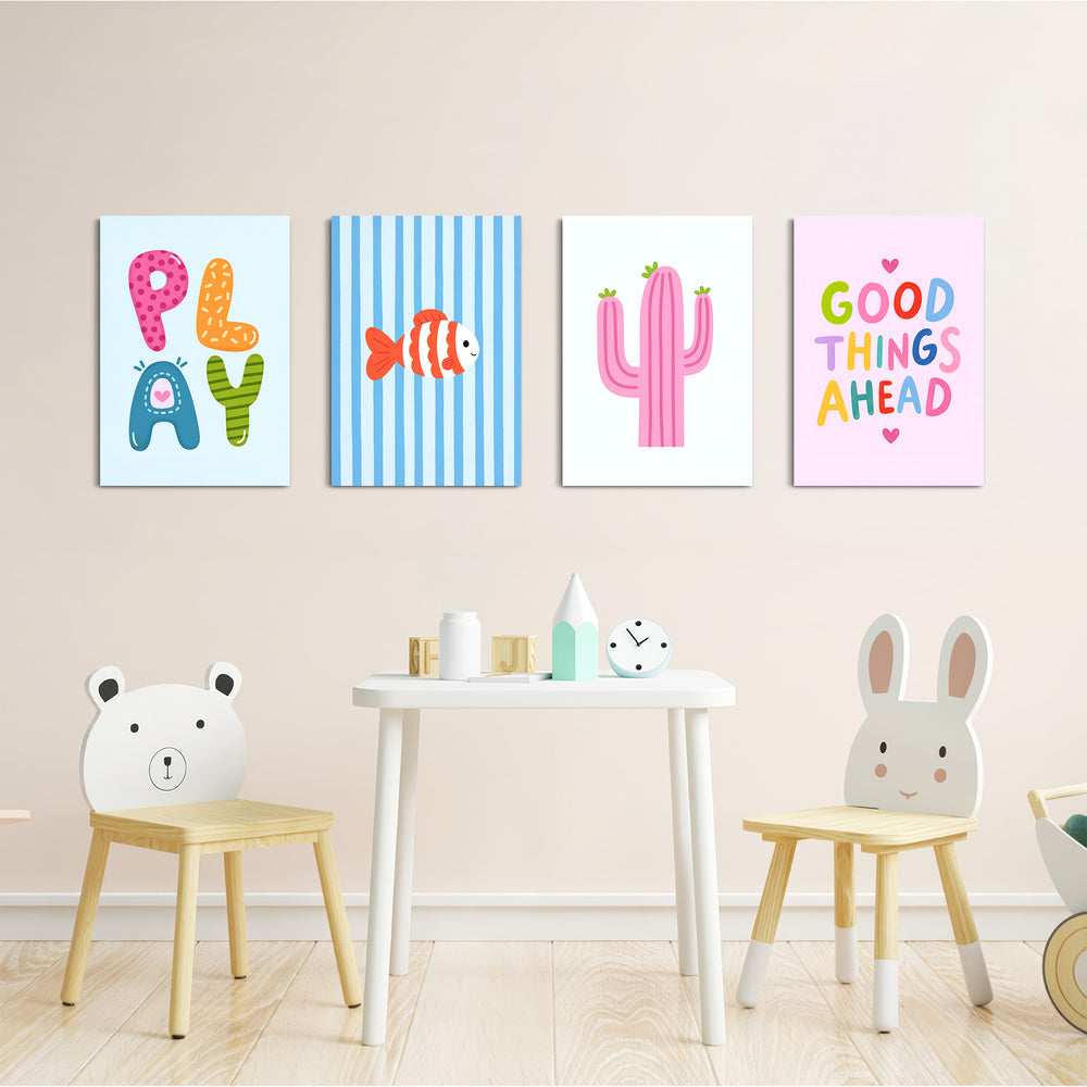 Play Day Cactus & Fish 4 Pieces Kids Metal Wall Art.