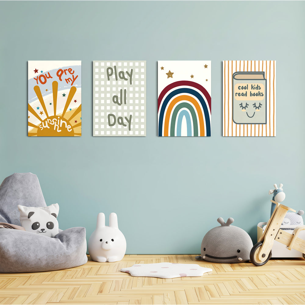 Boho Sunshine & Rainbow 4 Pieces Kids Metal Wall Art.