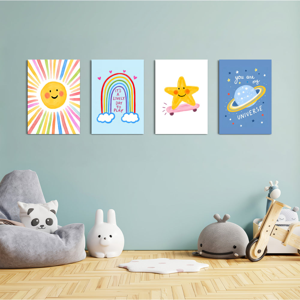 Lovely Day Sun & Stars 4 Pieces Kids Metal Wall Art.