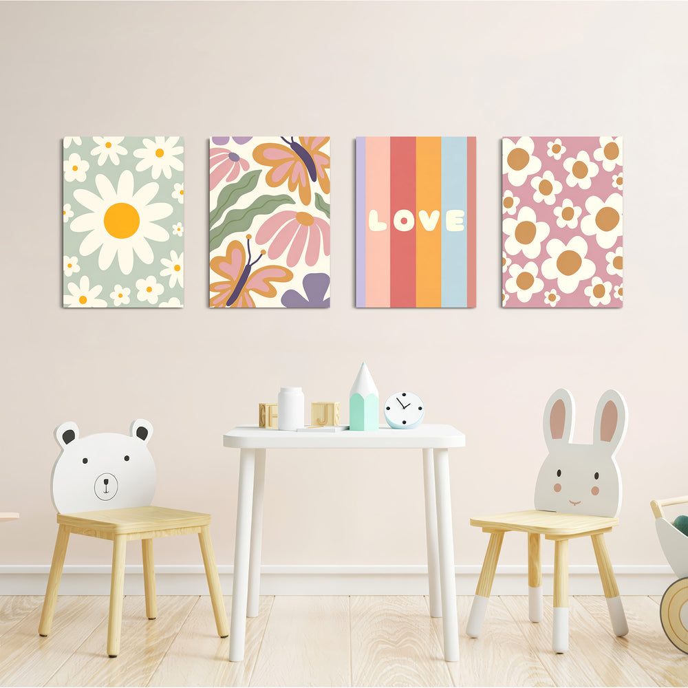 Retro Daisy Love Floral 4 Pieces Kids Metal Wall Art.