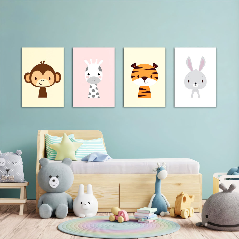 Cute Baby Animals Monkey Giraffe Tiger 4 Pieces Kids Metal Wall Art.