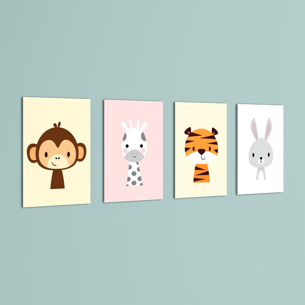 Cute Baby Animals Monkey Giraffe Tiger 4 Pieces Kids Metal Wall Art.