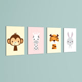 Cute Baby Animals Monkey Giraffe Tiger 4 Pieces Kids Metal Wall Art.