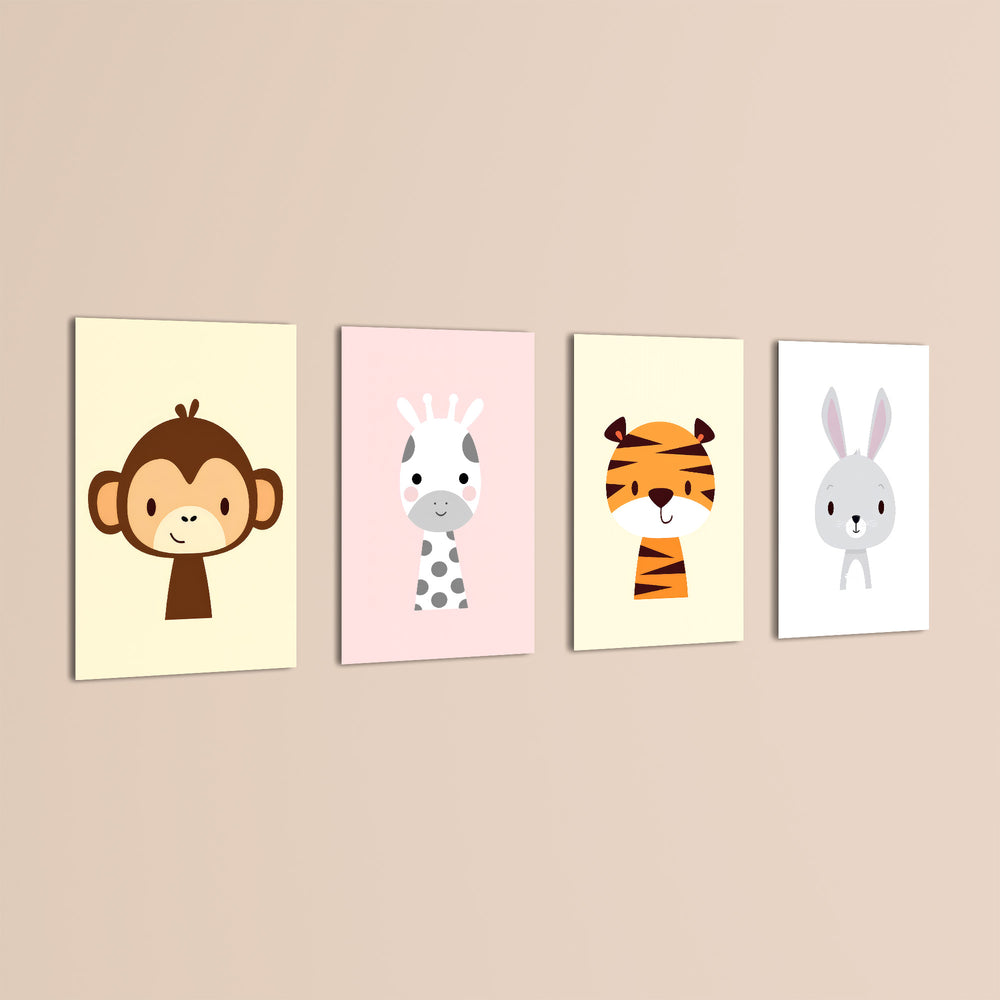 Cute Baby Animals Monkey Giraffe Tiger 4 Pieces Kids Metal Wall Art.