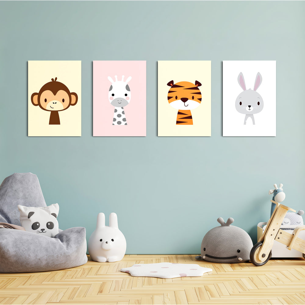 Cute Baby Animals Monkey Giraffe Tiger 4 Pieces Kids Metal Wall Art.