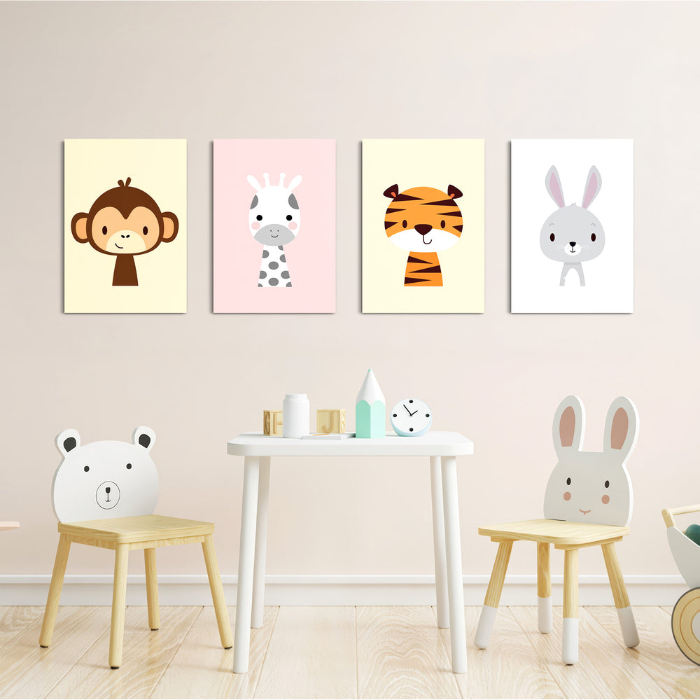 Cute Baby Animals Monkey Giraffe Tiger 4 Pieces Kids Metal Wall Art.