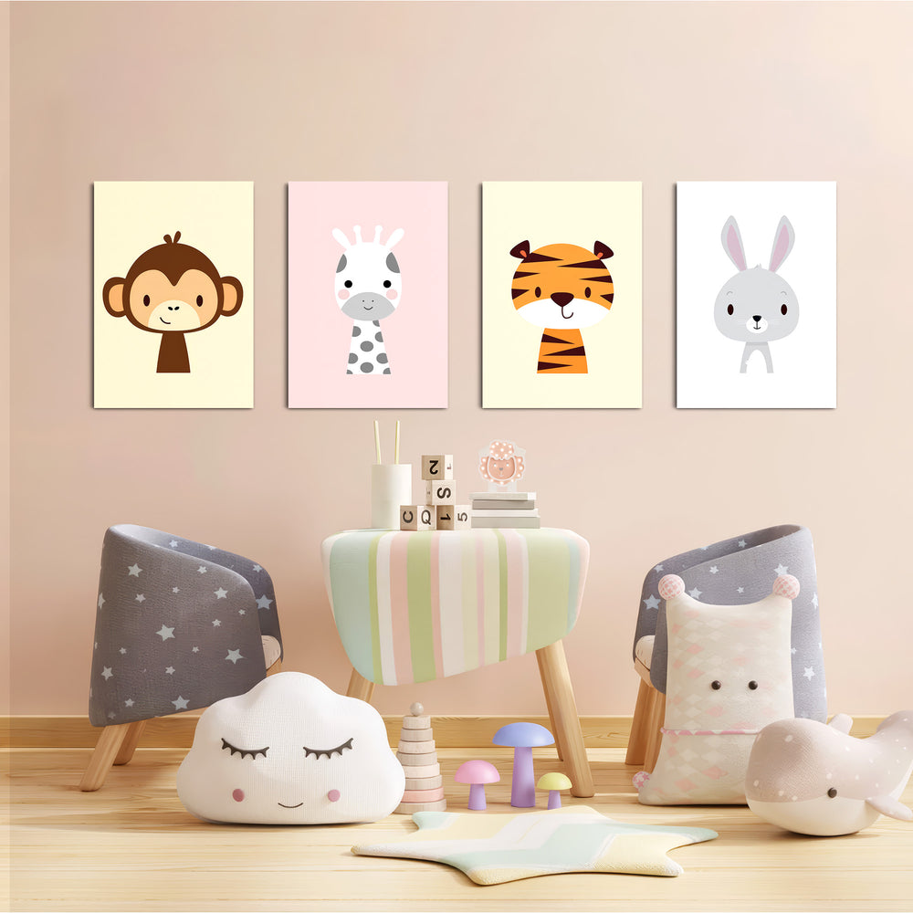 Cute Baby Animals Monkey Giraffe Tiger 4 Pieces Kids Metal Wall Art.