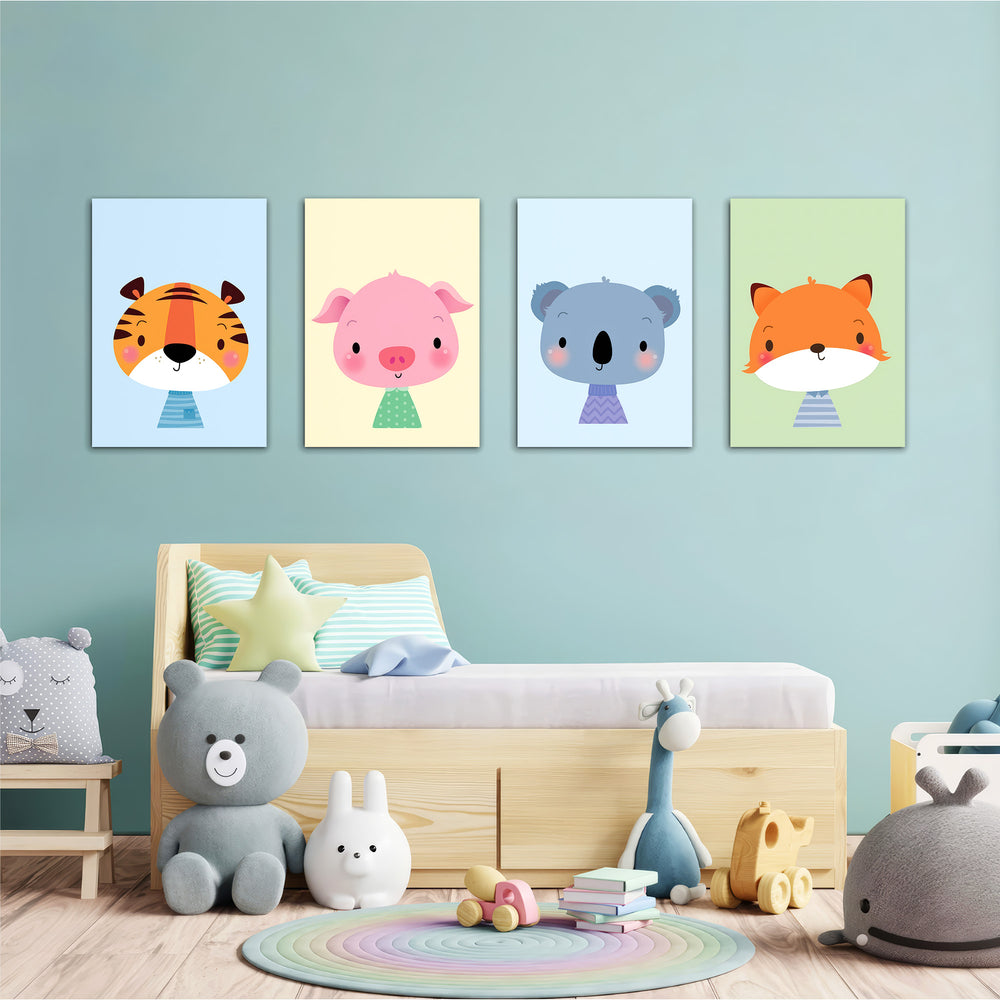 Cute Baby Animals Tiger Pig Koala Fox 4 Pieces Kids Metal Wall Art.