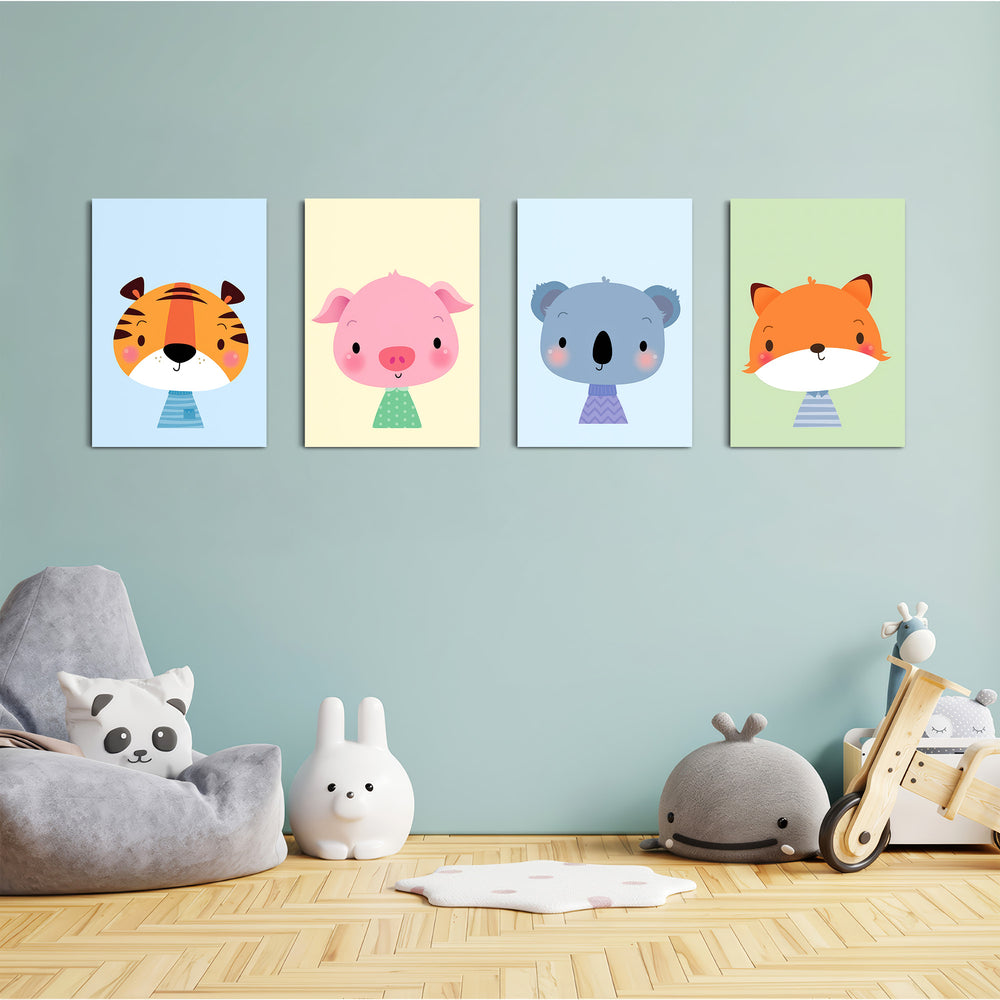 Cute Baby Animals Tiger Pig Koala Fox 4 Pieces Kids Metal Wall Art.