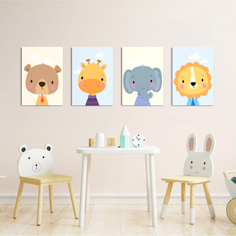 Dapper Baby Animals Bear Giraffe Elephant Lion 4 Pieces Kids Metal Wall Art.