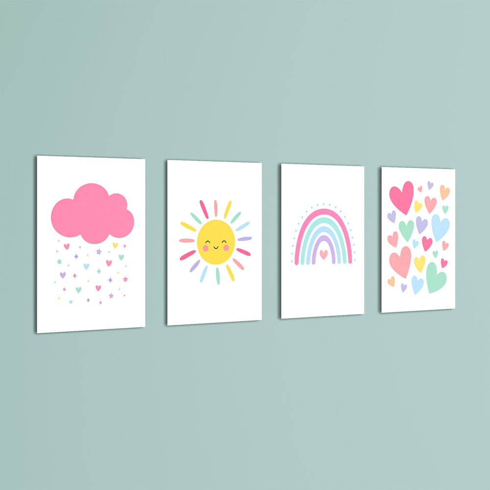 Pastel Rainbow Sun Cloud Hearts 4 Pieces Kids Metal Wall Art.