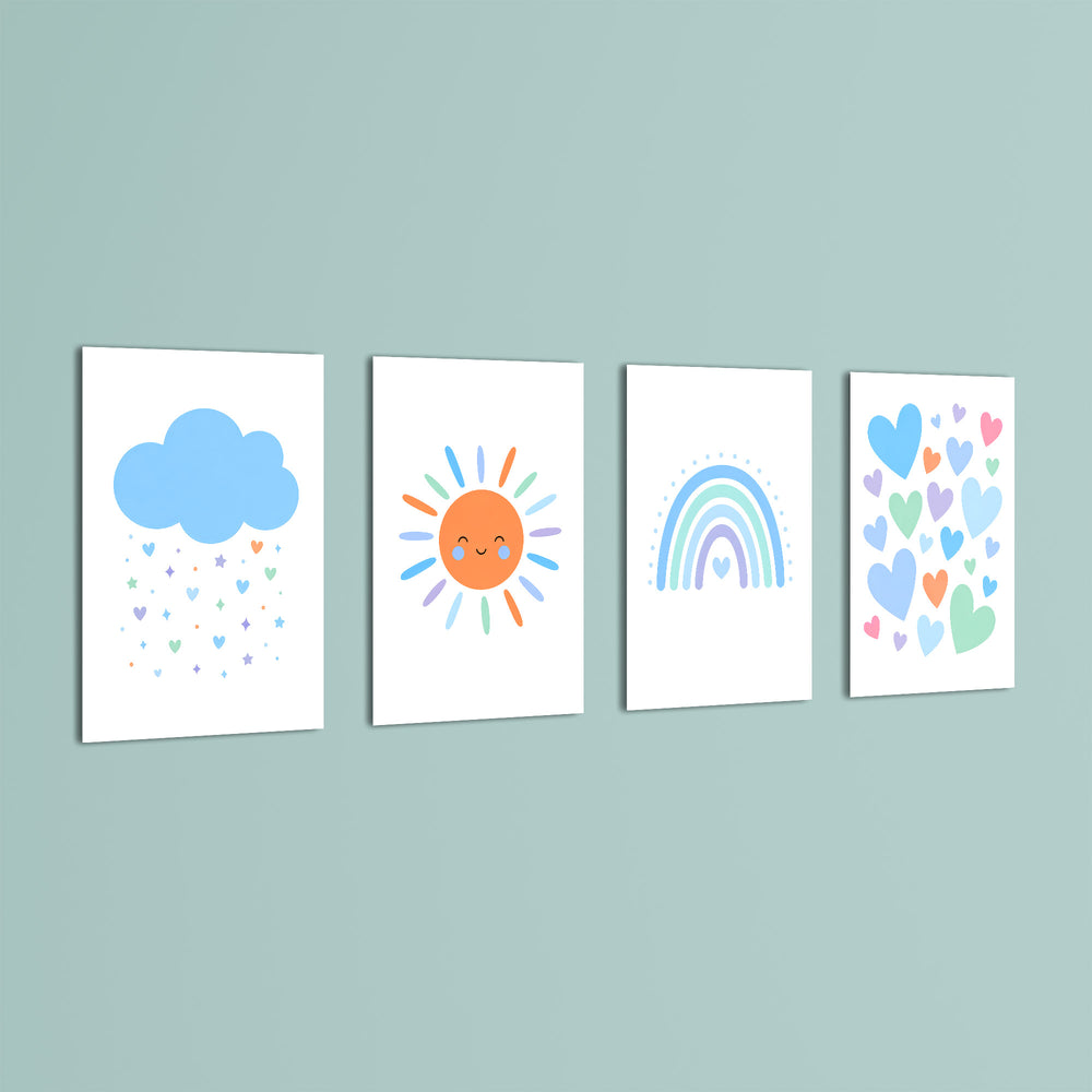 Blue Rainbow Sun Cloud Hearts 4 Pieces Kids Metal Wall Art.