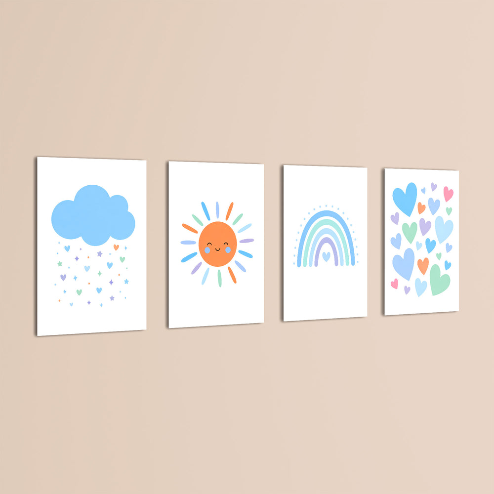 Blue Rainbow Sun Cloud Hearts 4 Pieces Kids Metal Wall Art.