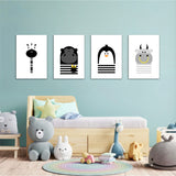 Black and White Animals Zebra Gorilla Penguin Hippo 4 Pieces Kids Metal Wall Art.