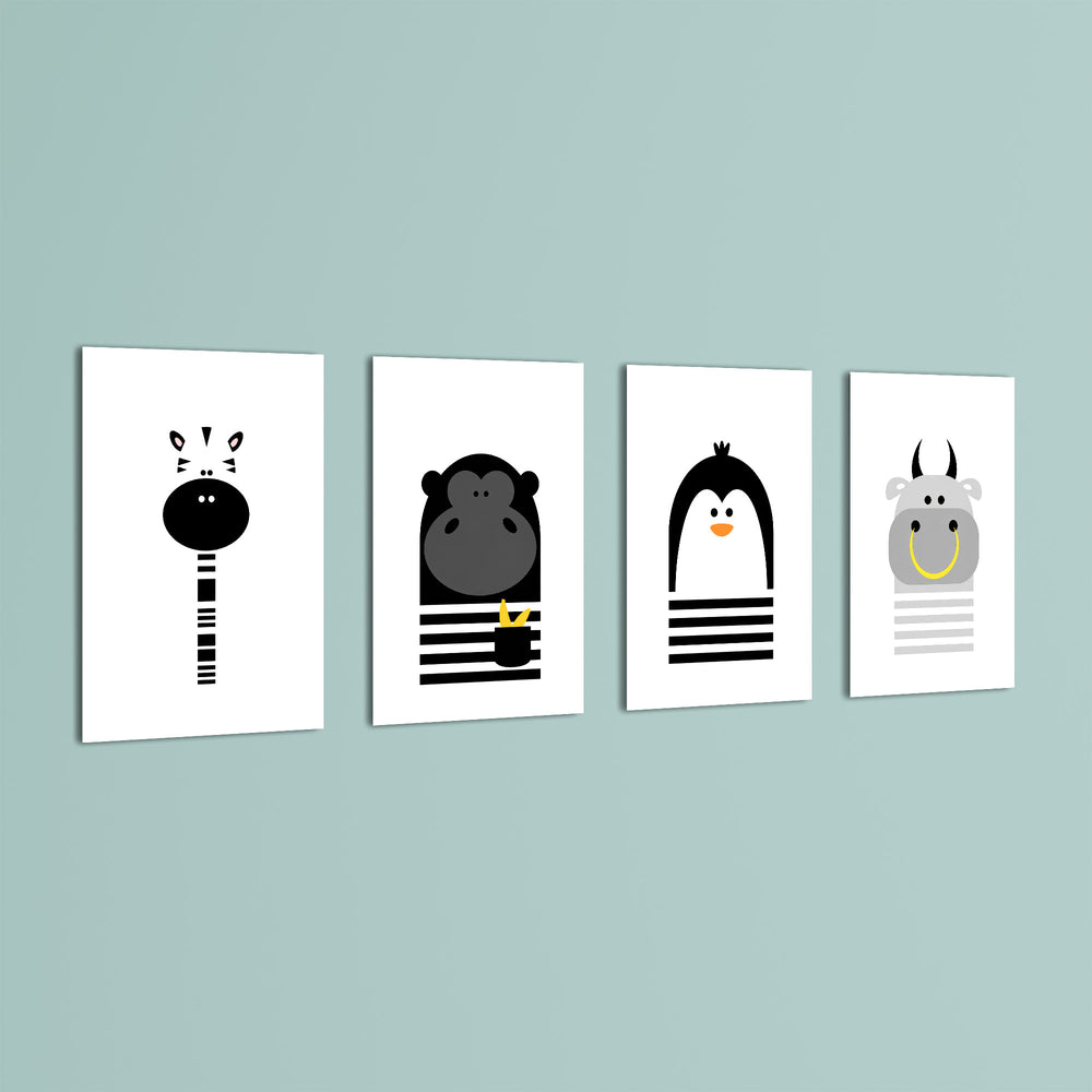 Black and White Animals Zebra Gorilla Penguin Hippo 4 Pieces Kids Metal Wall Art.