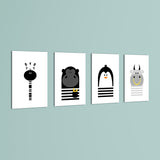 Black and White Animals Zebra Gorilla Penguin Hippo 4 Pieces Kids Metal Wall Art.