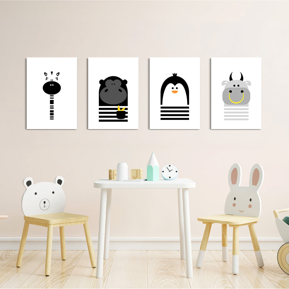 Black and White Animals Zebra Gorilla Penguin Hippo 4 Pieces Kids Metal Wall Art.