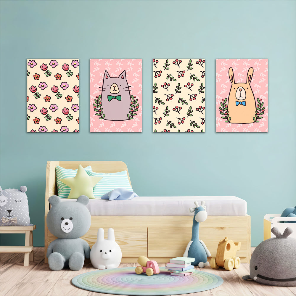 Doodle Cat Bunny Floral Folk 4 Pieces Kids Metal Wall Art.