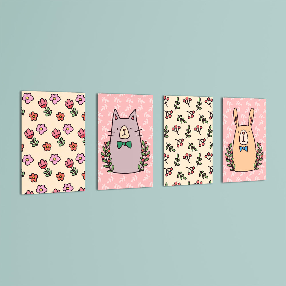 Doodle Cat Bunny Floral Folk 4 Pieces Kids Metal Wall Art.