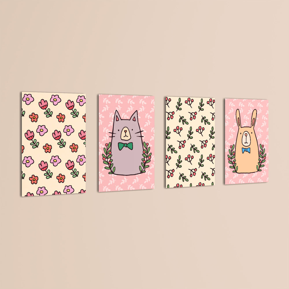 Doodle Cat Bunny Floral Folk 4 Pieces Kids Metal Wall Art.