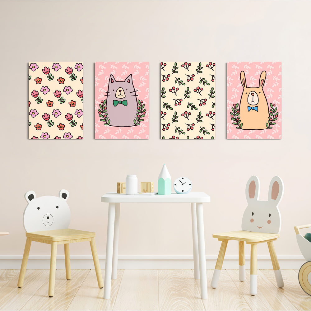Doodle Cat Bunny Floral Folk 4 Pieces Kids Metal Wall Art.