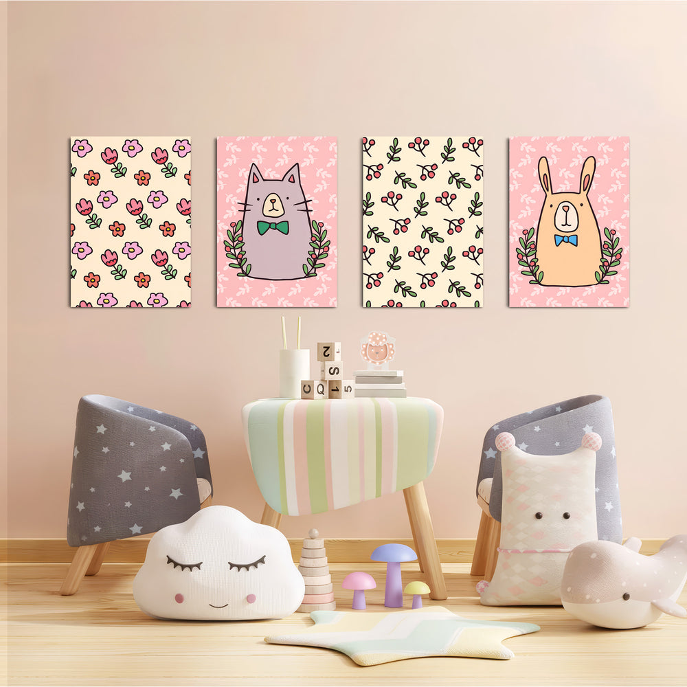 Doodle Cat Bunny Floral Folk 4 Pieces Kids Metal Wall Art.