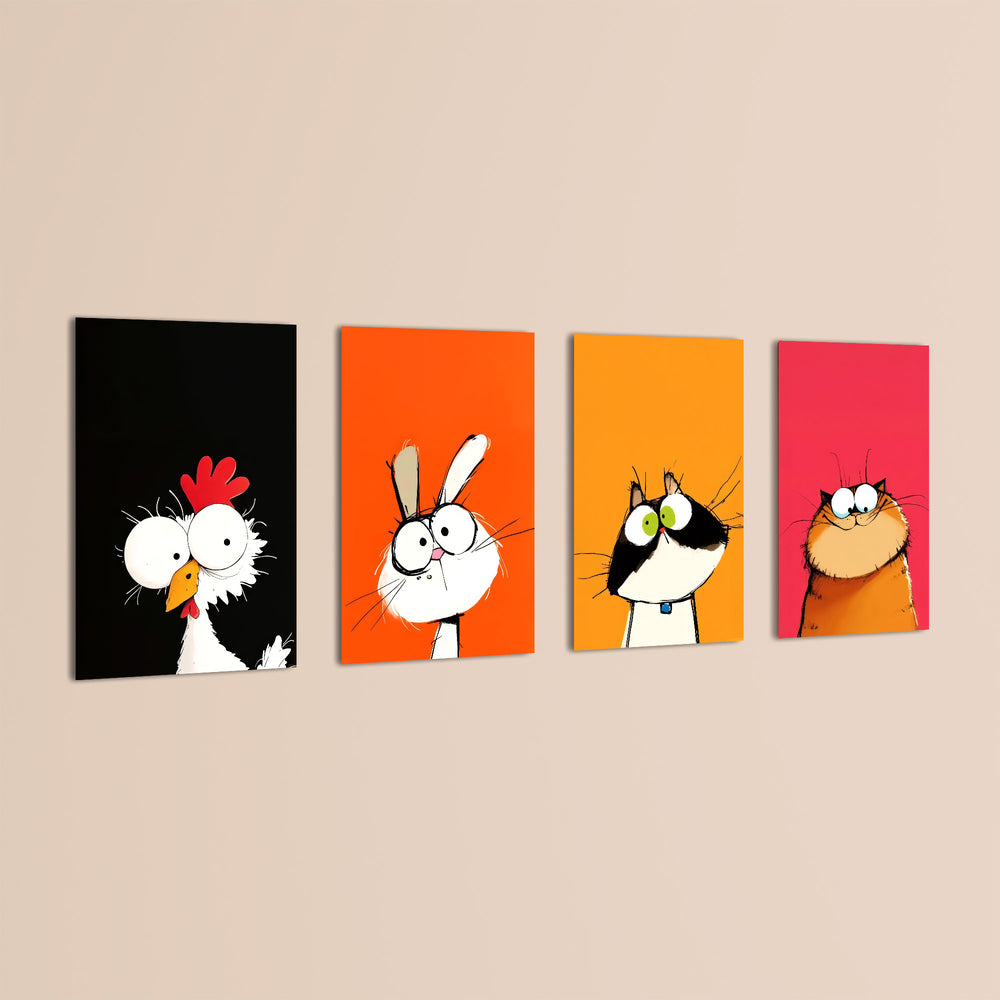 Funny Big-Eyed Pets 4 Pieces Kids Metal Wall Art.