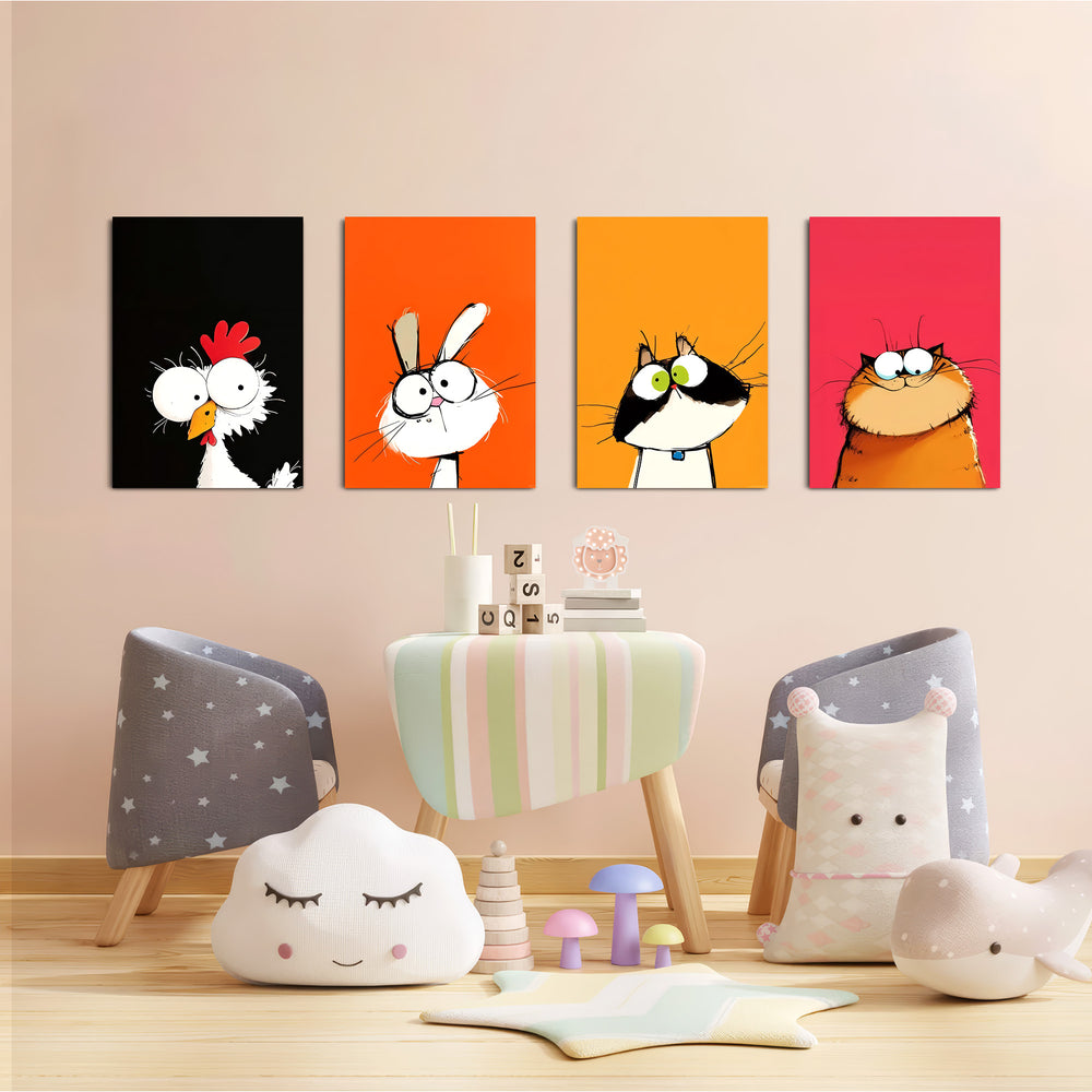 Funny Big-Eyed Pets 4 Pieces Kids Metal Wall Art.