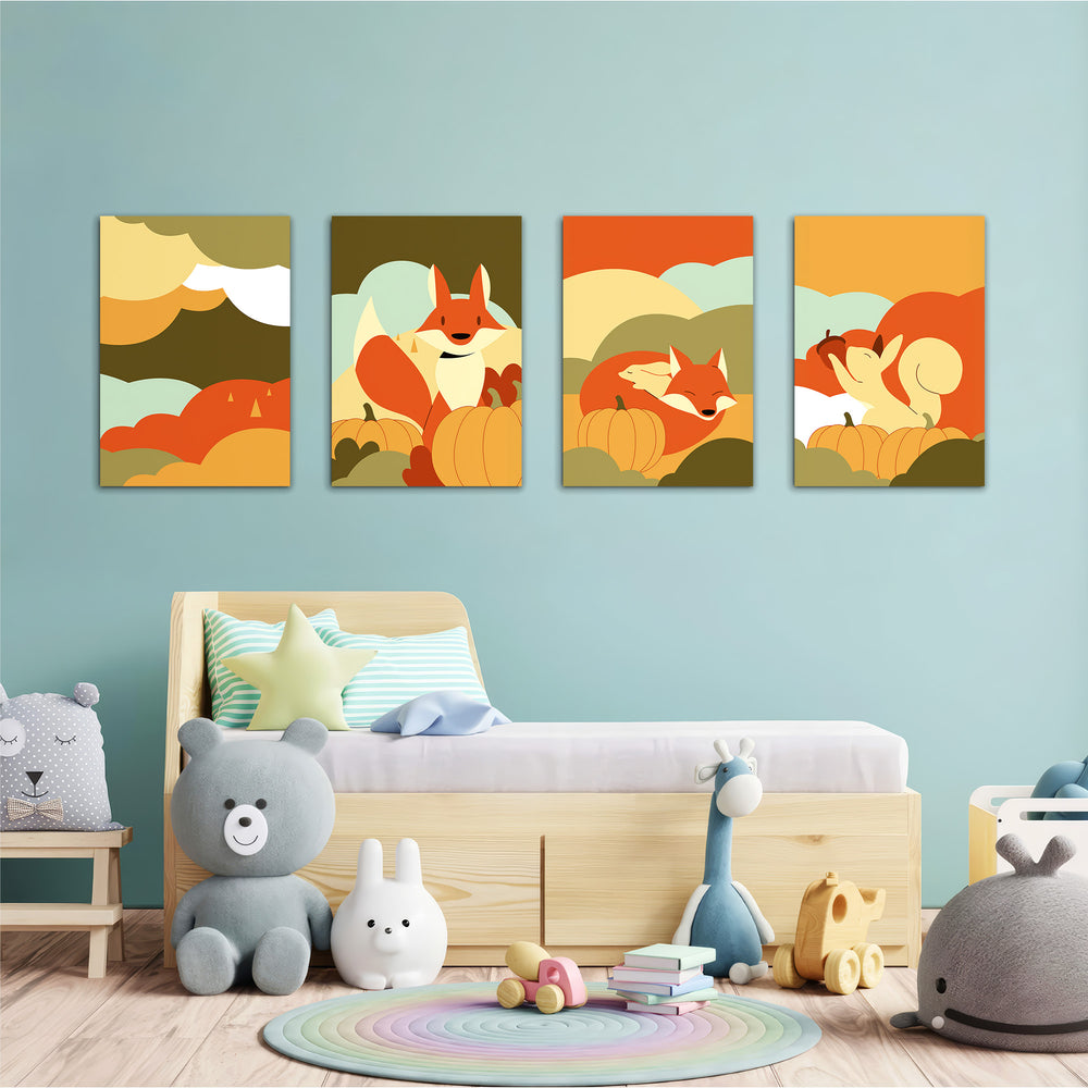 Autumn Forest Friends 4 Pieces Kids Metal Wall Art.