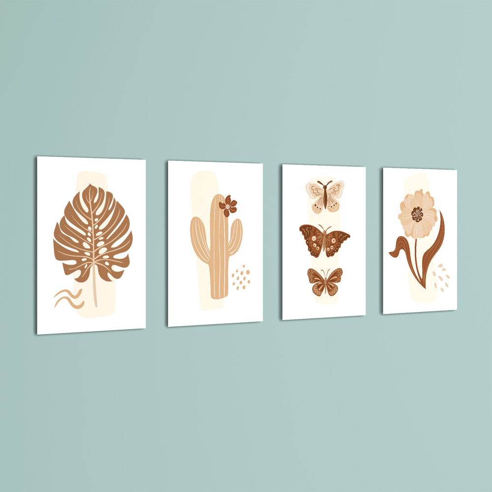 Boho Botanical Cactus & Butterfly 4 Pieces Kids Metal Wall Art.