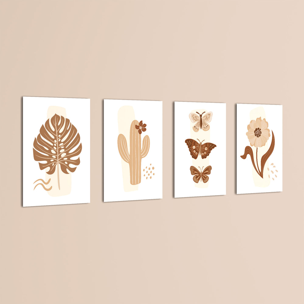 Boho Botanical Cactus & Butterfly 4 Pieces Kids Metal Wall Art.