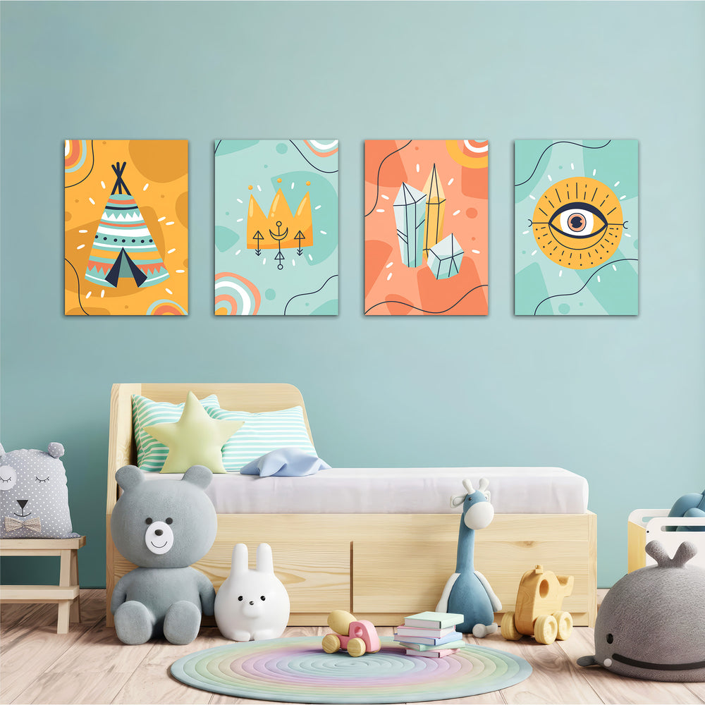 Boho Tribal Teepee & Evil Eye 4 Pieces Kids Metal Wall Art.