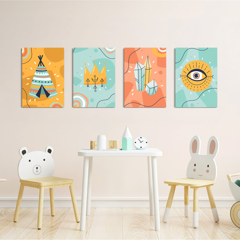 Boho Tribal Teepee & Evil Eye 4 Pieces Kids Metal Wall Art.