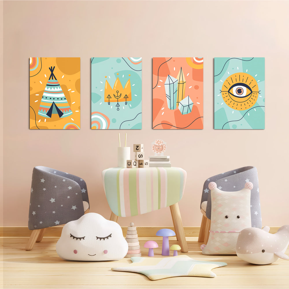 Boho Tribal Teepee & Evil Eye 4 Pieces Kids Metal Wall Art.