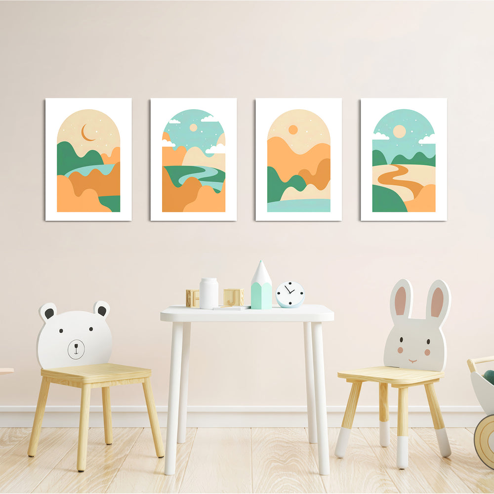 Boho Arch Rolling Hills Landscape 4 Pieces Kids Metal Wall Art.