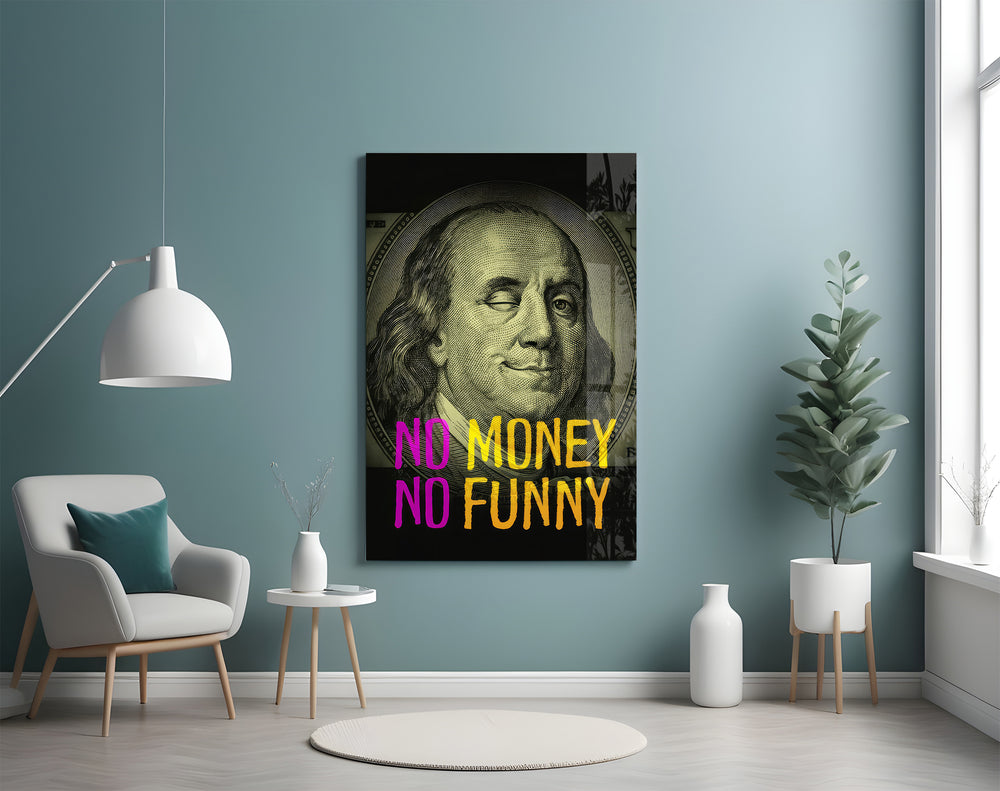Benjamin Franklin glass wall art styled above a modern sofa in a bold living room