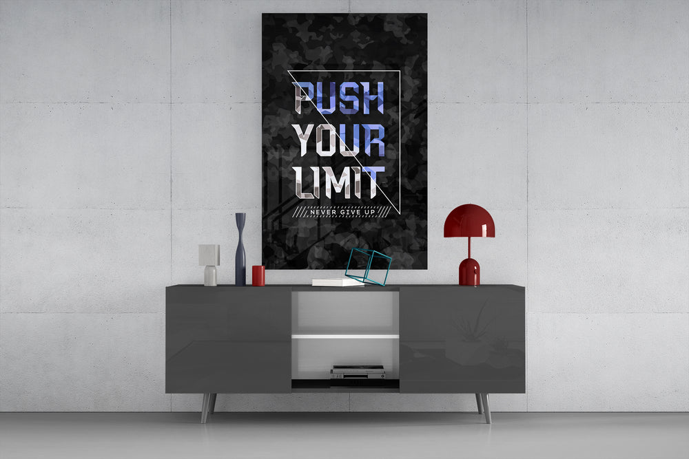 Push Your Limit glass wall art catching ambient light to reveal its faceted typography