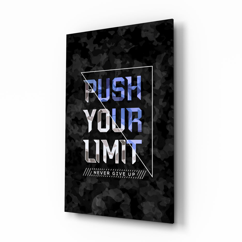 Push Your Limit camo glass wall art mounted in a modern home gym
