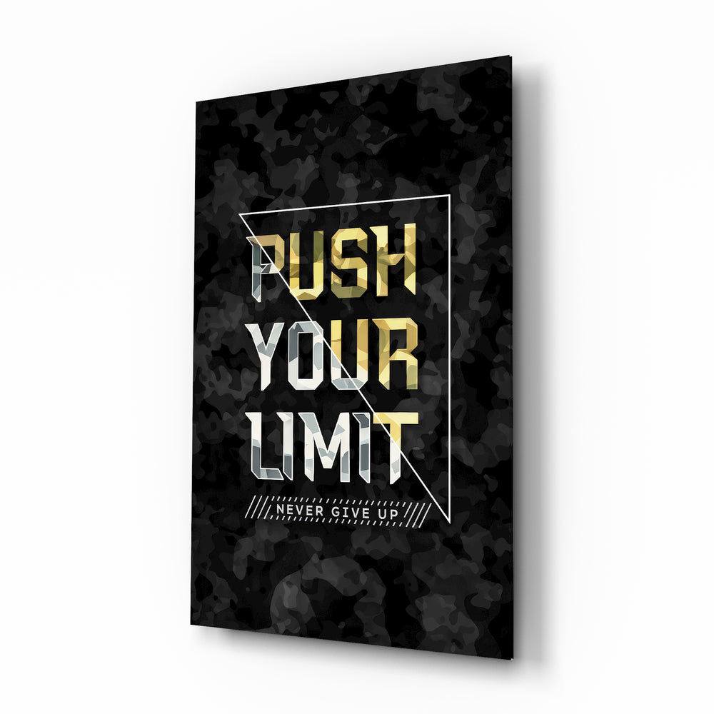 Push Your Limit gold camo glass wall art in a modern executive office