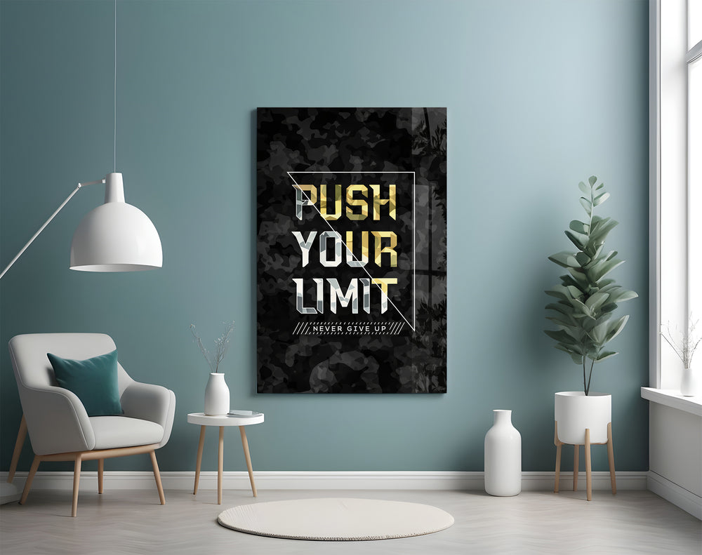 Push Your Limit gold motivational artwork above a weight bench